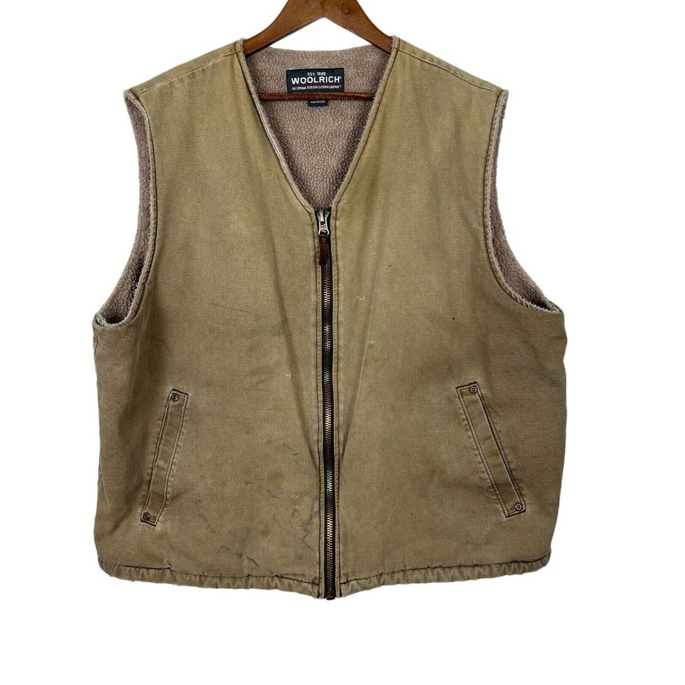 Woolrich Vest Men XL Brown Sherpa Fleece Lined Canvas Full Zip Work Outdoor WORN